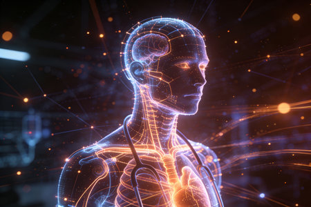 3d rendering of male cyborg with digital brain on dark backgroundの素材