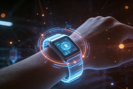 Hand with smartwatch on dark background 3D rendering toned image double exposureの素材