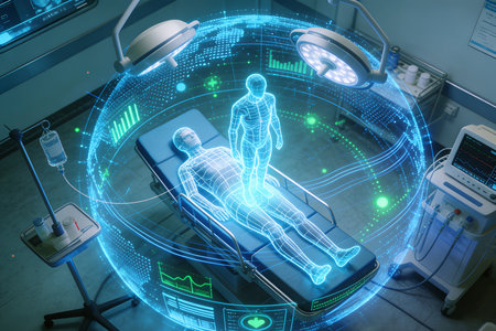 3D rendering medical hologram on table in modern clinic with equipmentの素材