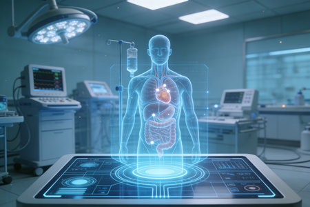 Digital medical hologram with human body on tablet screen in operating room 3D renderingの素材