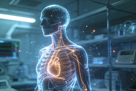 3d rendering of human body with circulatory system over medical backgroundの素材