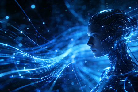 3d rendering cyborg woman with digital hologram on dark backgroundの素材