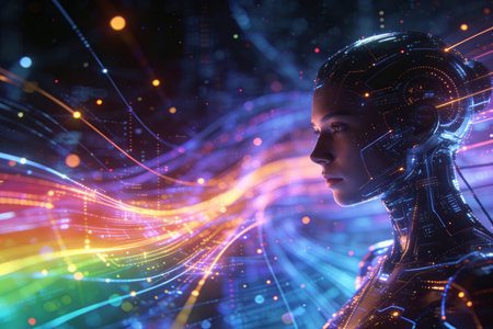 3d rendering cyborg woman with glowing wireframe on dark backgroundの素材