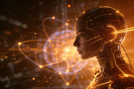 3D rendering of cyborg woman with network interface on dark backgroundの素材