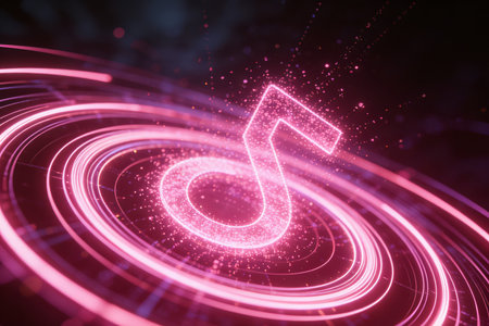 music note 3d graphic with glowing music symbol made of glowing particlesの素材