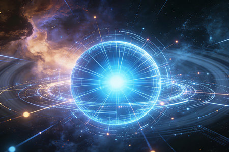 Futuristic technology background with glowing lines and circles. 3D renderingの素材