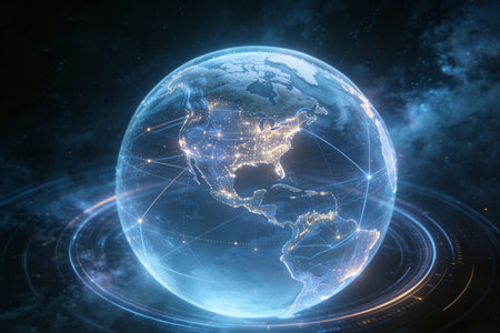 Global network of connections over the planet Earth in space. 3D renderingの素材