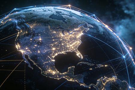 Map of North America with glowing lines representing international communication. 3D illustration.の素材