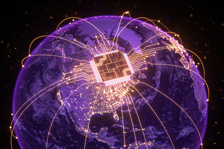 Circuit board with connections over the planet Earth. 3D illustration.の素材