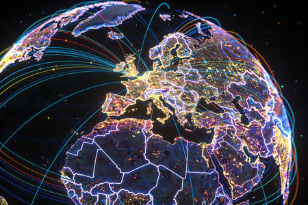 World map with glowing lines on dark background. Global network concept. 3D illustration.の素材