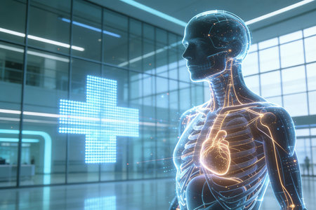 3d rendering x-ray of human body with medical symbol on backgroundの素材