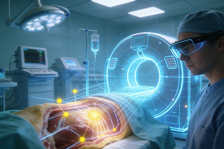 Doctor working with operating room background. Double exposure of SEO hologram. Search optimization concept.の素材