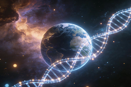 Digital composite of DNA strand with earth in space. 3D renderingの素材