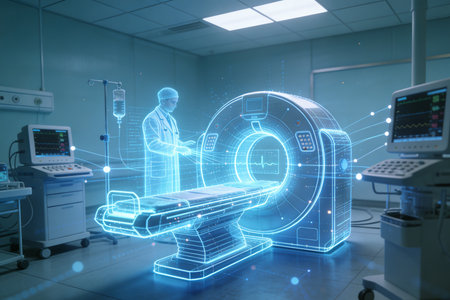 Medical hologram with doctor on x-ray room background. 3D Renderingの素材