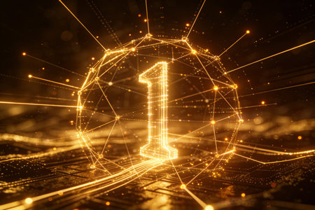 3D rendering of a digital number one on a cyberspace backgroundの素材