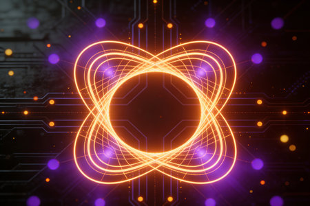 Circuit board with glowing atom. Technology concept. 3D Renderingの素材