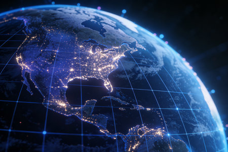 North America on planet Earth at night with visible country borders and city lights. 3D illustration.の素材