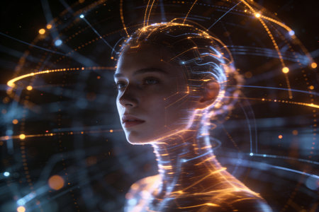 3D rendering of a female face with glowing lines and particles in her headの素材