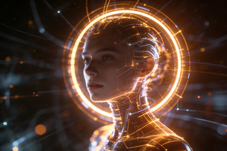 3d rendering of cyborg woman with glowing brain on black backgroundの素材