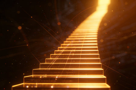 golden stairs with glowing lines on dark background. 3d renderingの素材