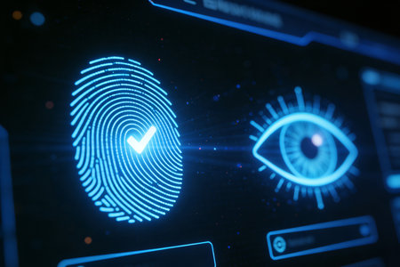 Fingerprint scan provides security access with biometrics identification.の素材