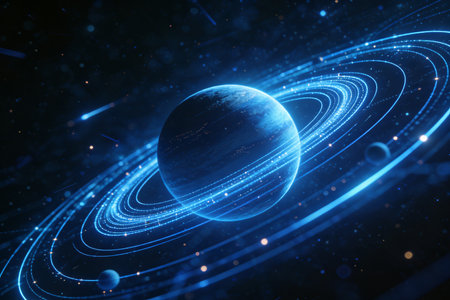 Planet in space. Science fiction wallpaper. 3d rendering abctract background.の素材