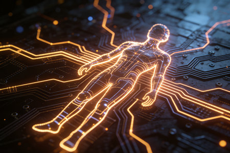 3D rendering of cyborg man on circuit board background. Technology conceptの素材
