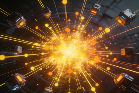 Futuristic technology background with glowing particles. 3D Renderingの素材