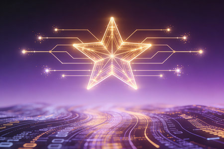 Glowing star icon on digital background. Futuristic concept. 3D Renderingの素材