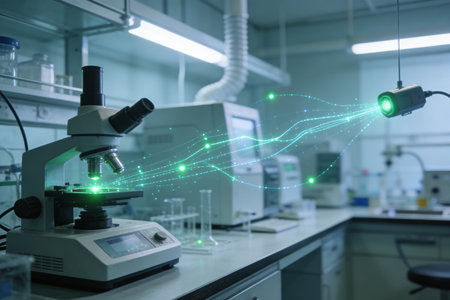 Science laboratory research and development concept with microscope, test tubes, test tubes and microscopeの素材