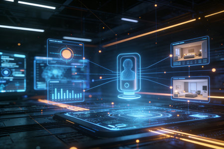 Glowing hologram screen with user interface. Technology concept. 3D Renderingの素材