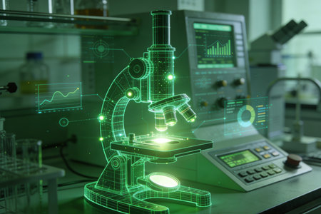 Double exposure of microscope and scientific equipment on laboratory table background, research and development concept.の素材