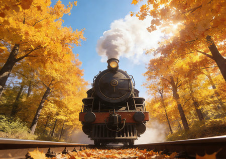 Steam locomotive in the autumn forest. Steam locomotive on the background of autumn forest.の素材