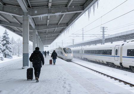 Train and people waiting for a train at the railway station in winterの素材