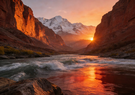Himalayan landscape with river and snowcapped mountains at sunsetの素材