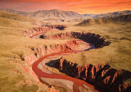 Red river in Death Valley National Park at sunset, California, USAの素材