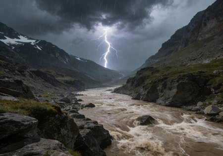 Storm in the mountains. Stormy weather and lightning on the river.の素材