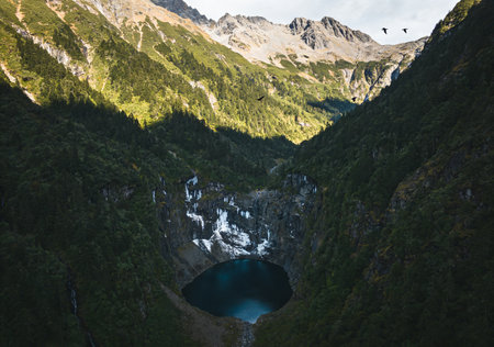 Beautiful view of the lake in the mountains. View from above.の素材
