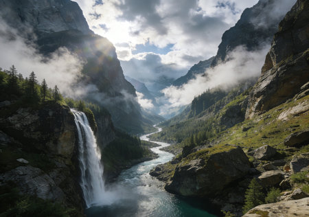 Waterfall in the Dolomites, Italy. Summer landscape.の素材