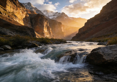 Mountain river at sunset in Cordillera Huayhuash, Peruの素材