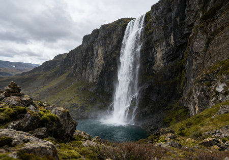 Waterfall in the mountains of Norway on a cloudy summer day.の素材