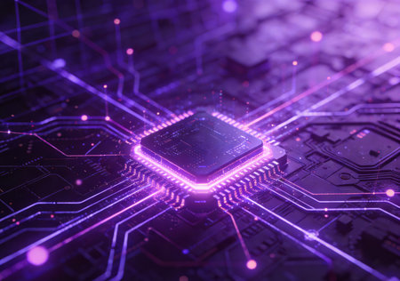 Circuit board with microchips and connections. 3d renderingの素材