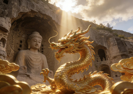 Golden dragon statue in Longmen Grottoes, Luoyang, Chinaの素材