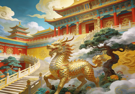 Chinese temple with golden dragon statue and clouds in the sky - illustrationの素材
