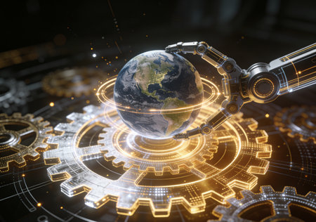 3d rendering robotic hand holding planet earth in gear wheel on black backgroundの素材