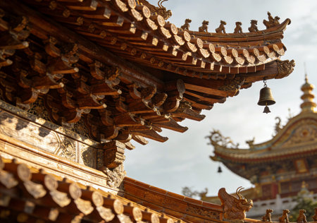 Detail of the roof of a Buddhist temple in China. Shallow depth of field.の素材