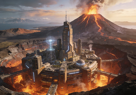 3D render of a volcano eruption with the city in the backgroundの素材