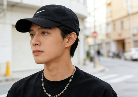 Portrait of young Asian man in black cap on the street.の素材