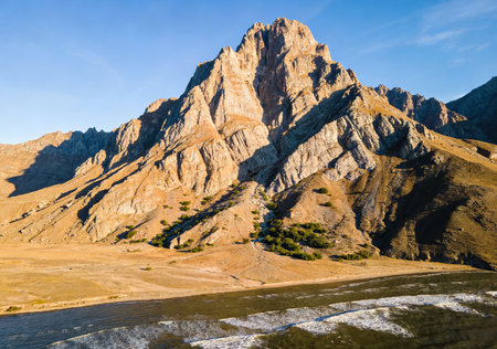Aerial view of Dolomites mountains at sunrise, Italy.の素材
