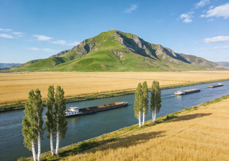 Panoramic view of New Zealand alps and river with bargeの素材